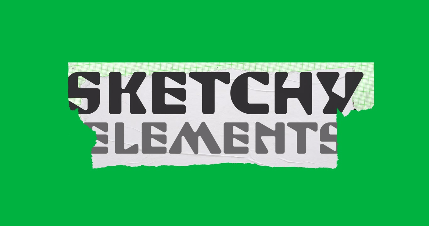 SKETCHY ELEMENTS title holding torn strips on transparent background disappearing to end reveal