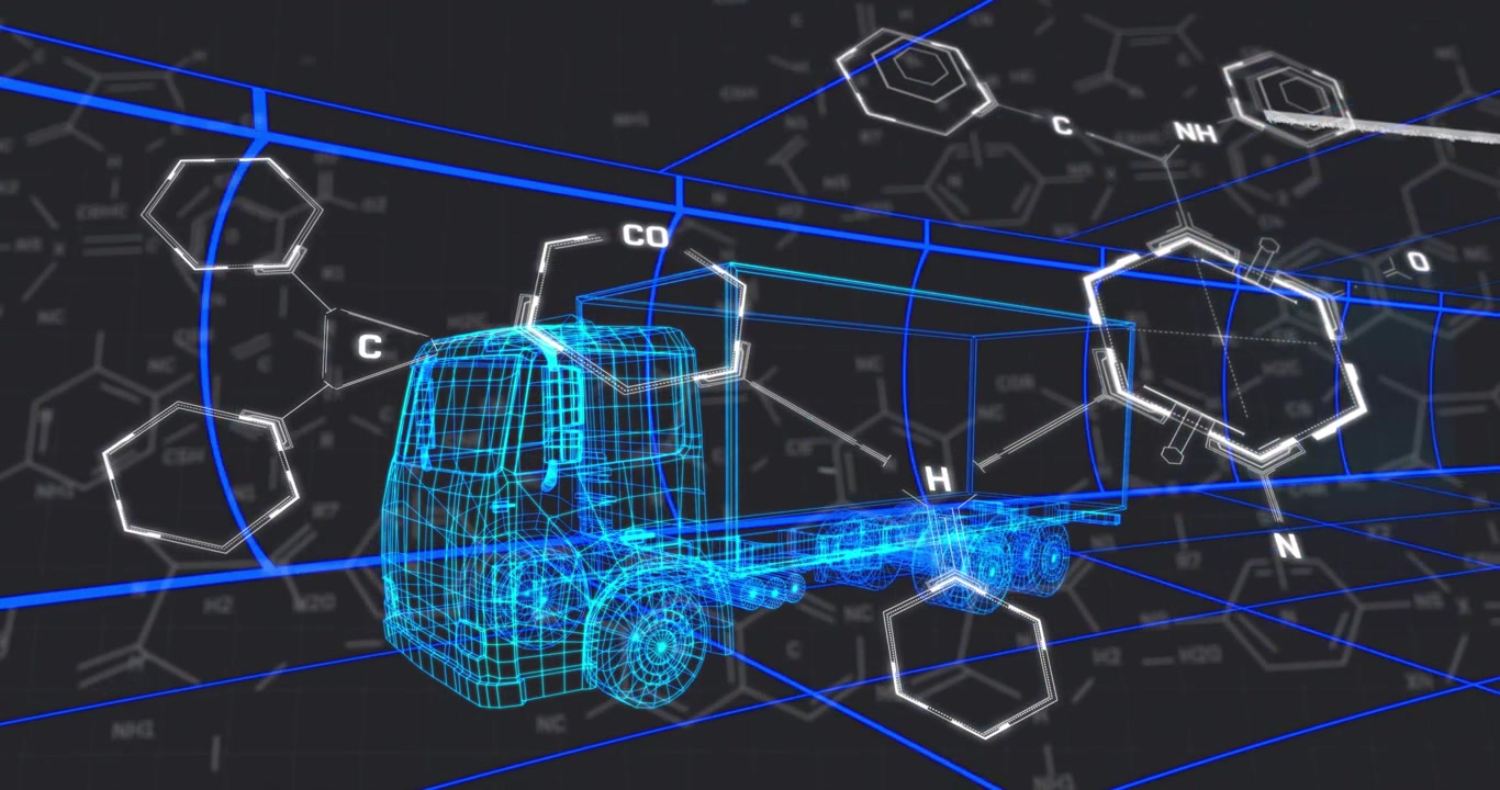 Caminhão em wireframe aparecendo aciona hexágonos flutuantes mostrando fusão tecnológica com design molecular