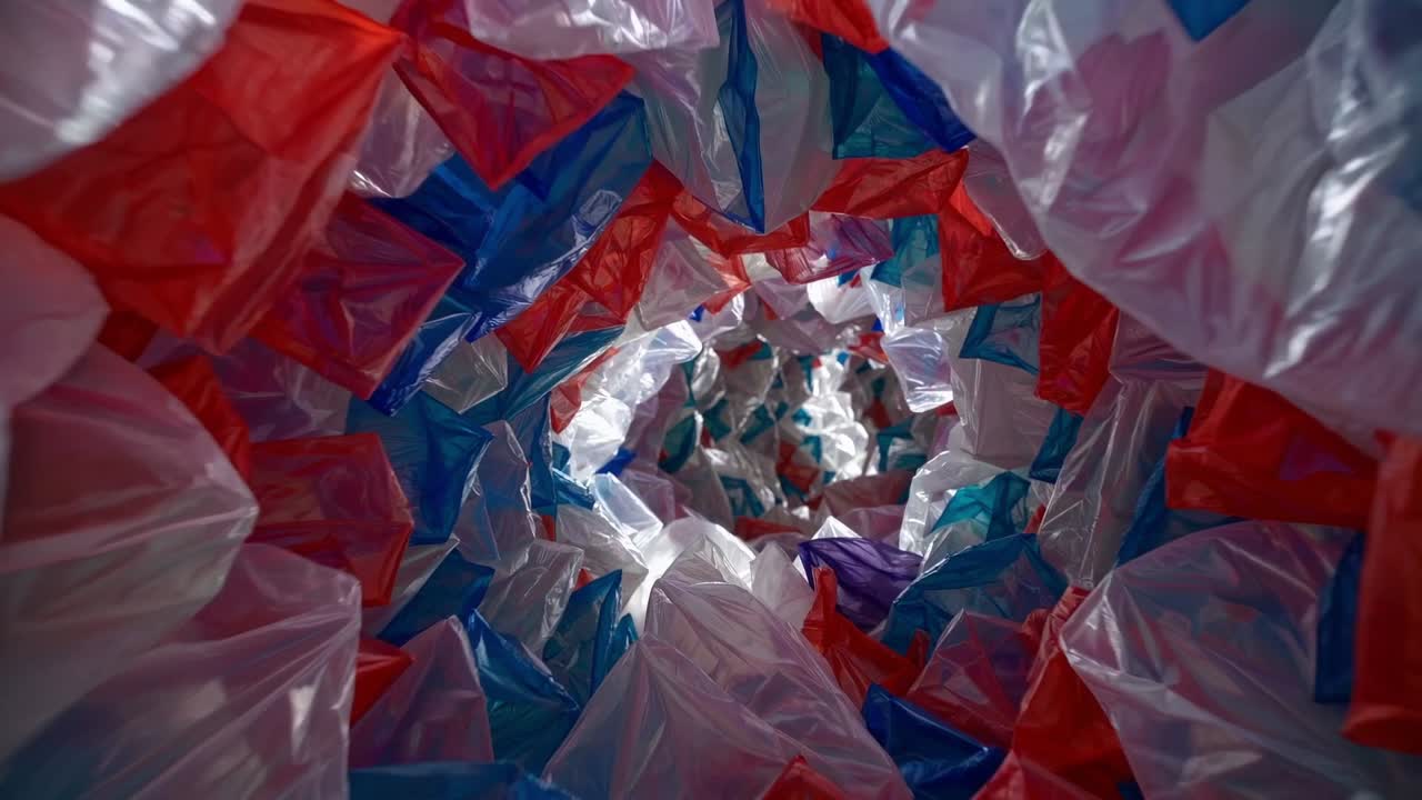 Colorful plastic sheets create a dynamic tunnel effect, showcasing a vibrant interplay of light and texture as the viewer is drawn deeper into the scene's captivating layers