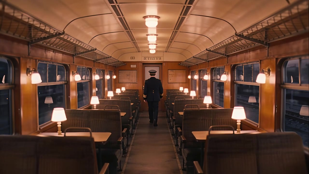 Walking conductor in dark uniform and peaked cap down coach aisle while train moving, passing lamps
