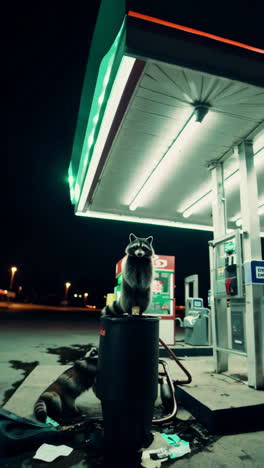 raccoons at a night gas station