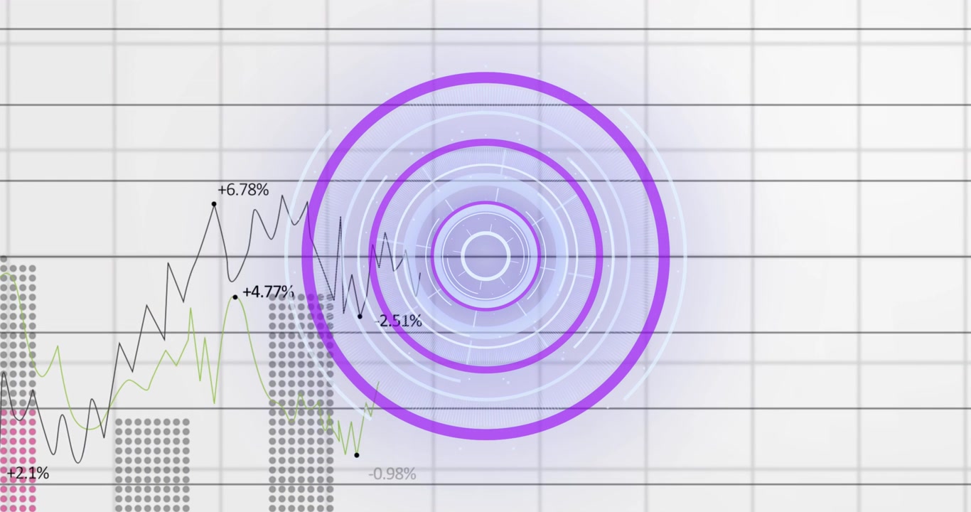 Animazione di uno scanner circolare su rete a griglia su elaborazione dati statistici su sfondo grigio