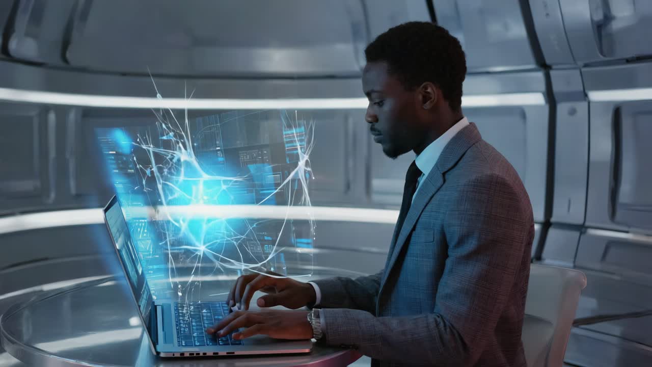 Man working on a futuristic laptop with a holographic display