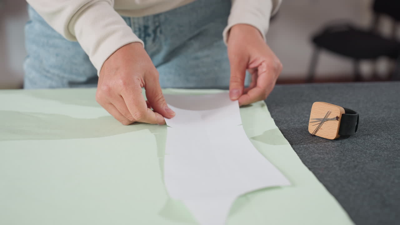 Dress maker carefully adjusts paper pattern over light green fabric spread across workspace table in bright sewing studio, office pin and other sewing tools placed nearby