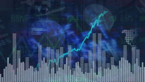 animación del procesamiento de datos financieros y mapa del mundo