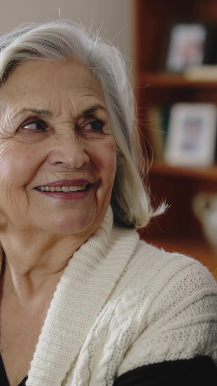 Video vertical: Mujer mayor escuchando una voz, sonriendo y girando a la derecha, y respondiendo en casa, junto a estantes con cárdigans.