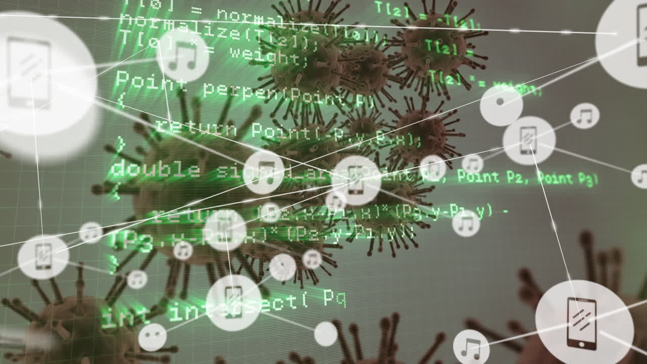 сеть цифровых иконок и обработки данных против нескольких клеток ковид-19 на сером фоне