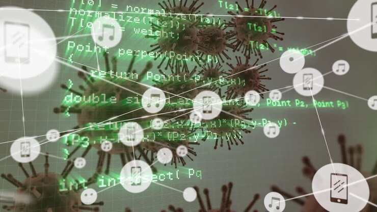 Network of digital icons and data processing against multiple covid-19 cells on grey background