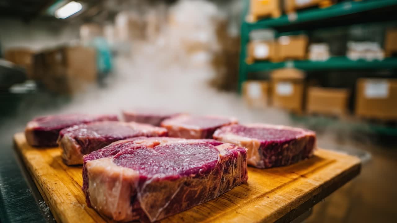 Freshly Cut Steaks on a Wooden Board Surrounded by Steam in a Busy Meat Processing Facility Showcasing Quality and Preparedness for Cooking