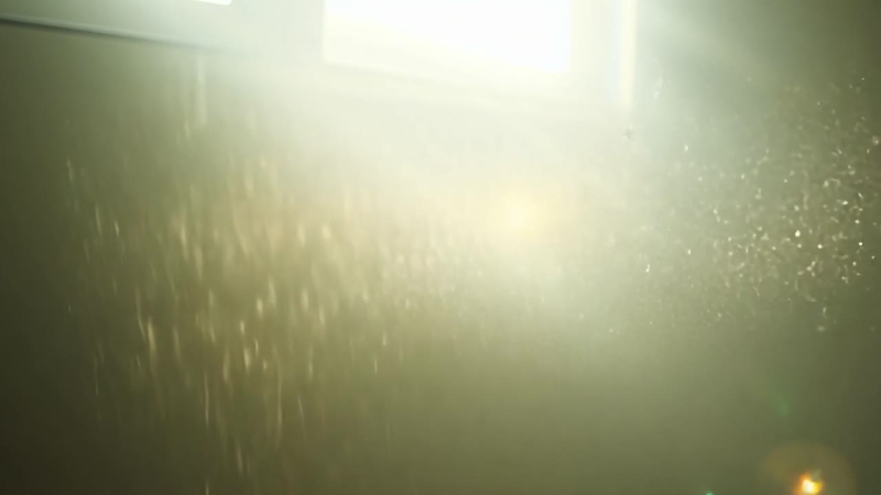 яркие солнечные лучи проходят через окно, раскрывая плавающие в воздухе частицы пыли, создавая спокойную атмосферу внутри