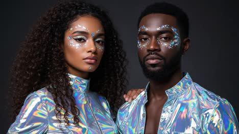 stylish fashion portrait featuring two models in radiant holographic attire with artistic face decorations, capturing unique beauty and contemporary trends in photography
