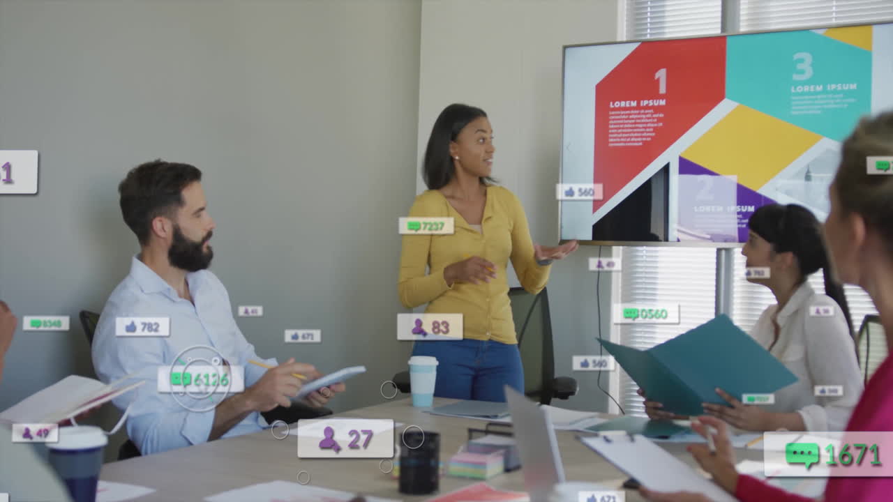 Discussing presentation, business team with social media notifications in office meeting