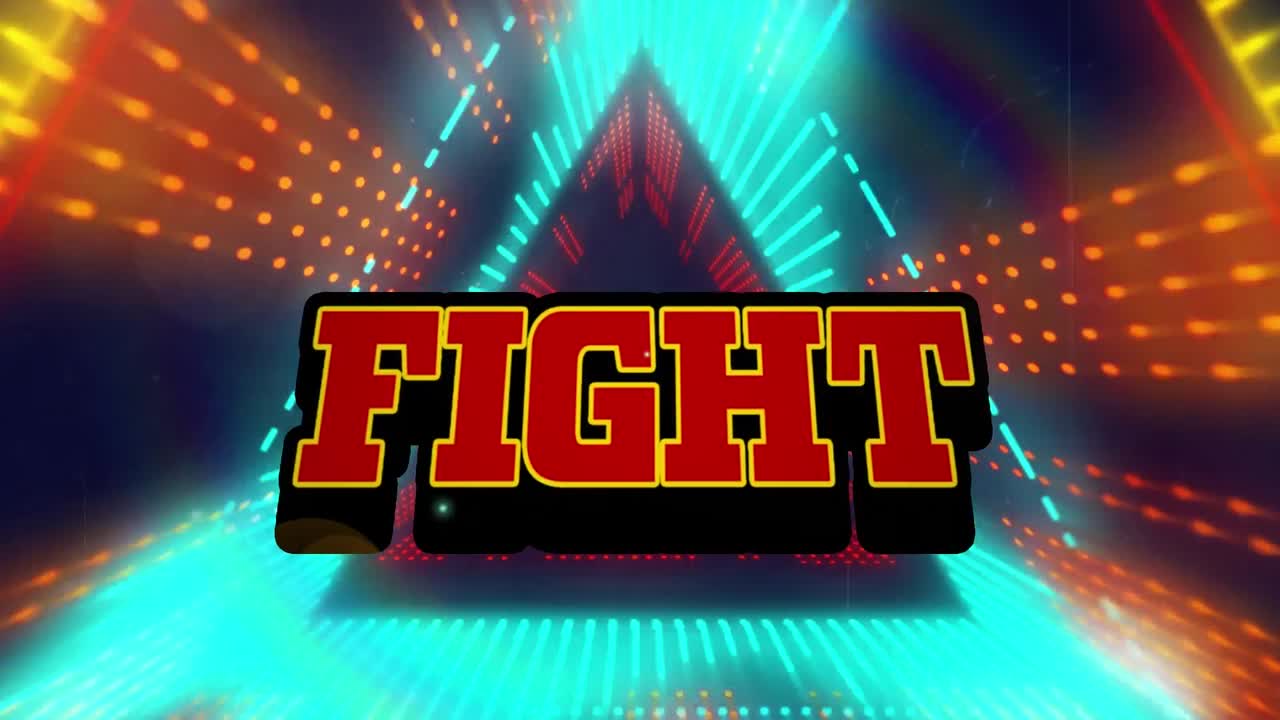 검은 바탕에 삼각형 터널을 형성하는 루핑 점 위의 전투 텍스트의 애니메이션