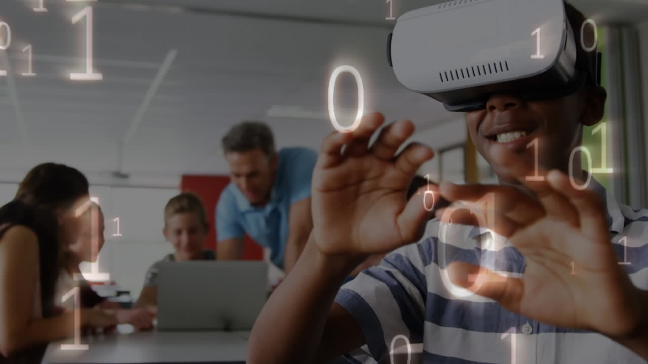 Animation of binary coding processing over schoolboy using vr headset