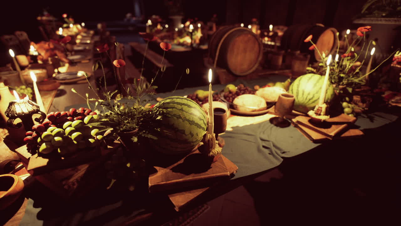 A beautifully arranged banquet table with various foods and drinks at dusk