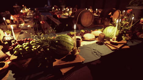 a beautifully arranged banquet table with various foods and drinks at dusk