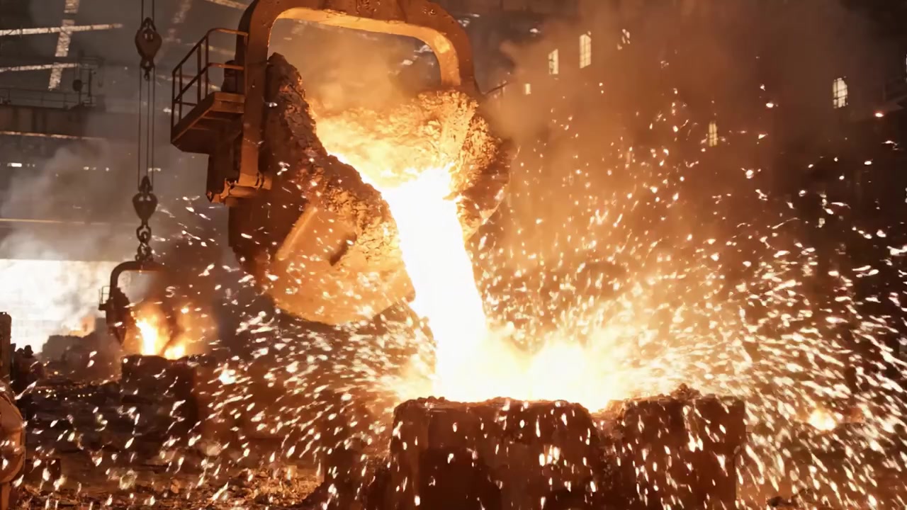 Un dinamico processo di colata del metallo in una fonderia industriale: acciaio liquido fuso versato negli stampi, tra un bagliore infuocato e scintille che volano in un ambiente suggestivo.