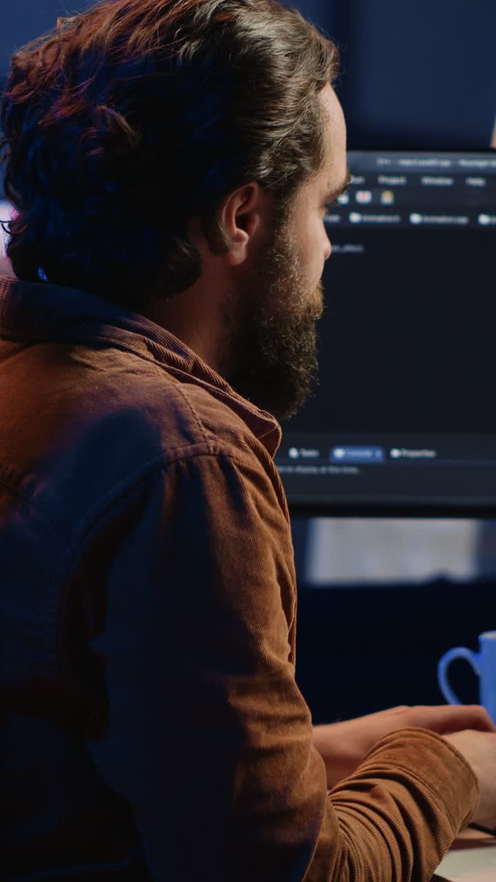 Focused Programmer Typing Code on Computer Screen at Night