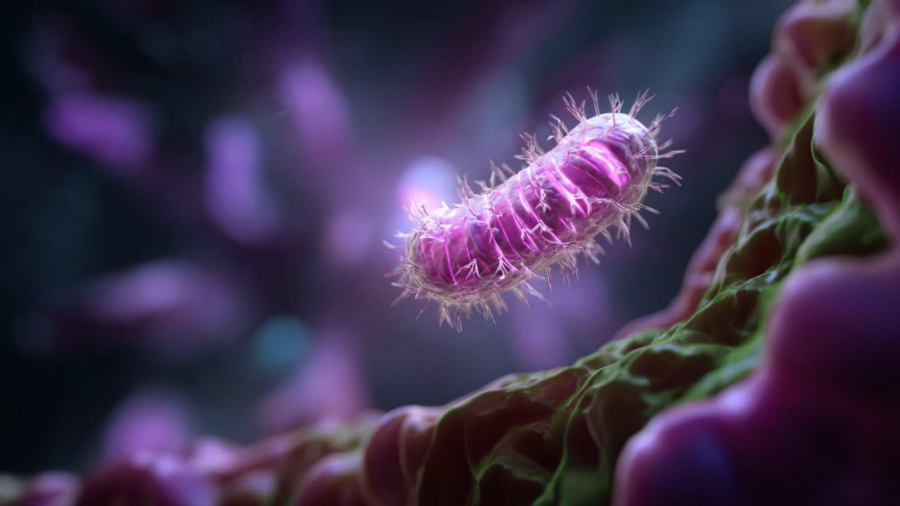 Microscopic Visualization of a Vibrant Bacterium Enveloped by Intricate Cellular Structures Under a Radiant Background, Showcasing Detail and Color Variation