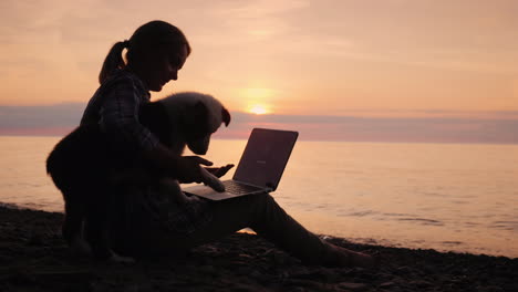 woman blogger works with a laptop her distracted her puppy