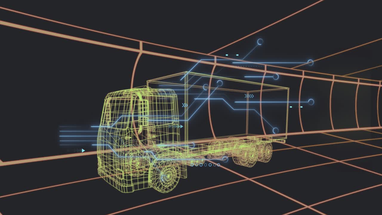 Neon wireframe truck receiving scan pulse, blue HUD nodes traveling and diagnosing telemetry