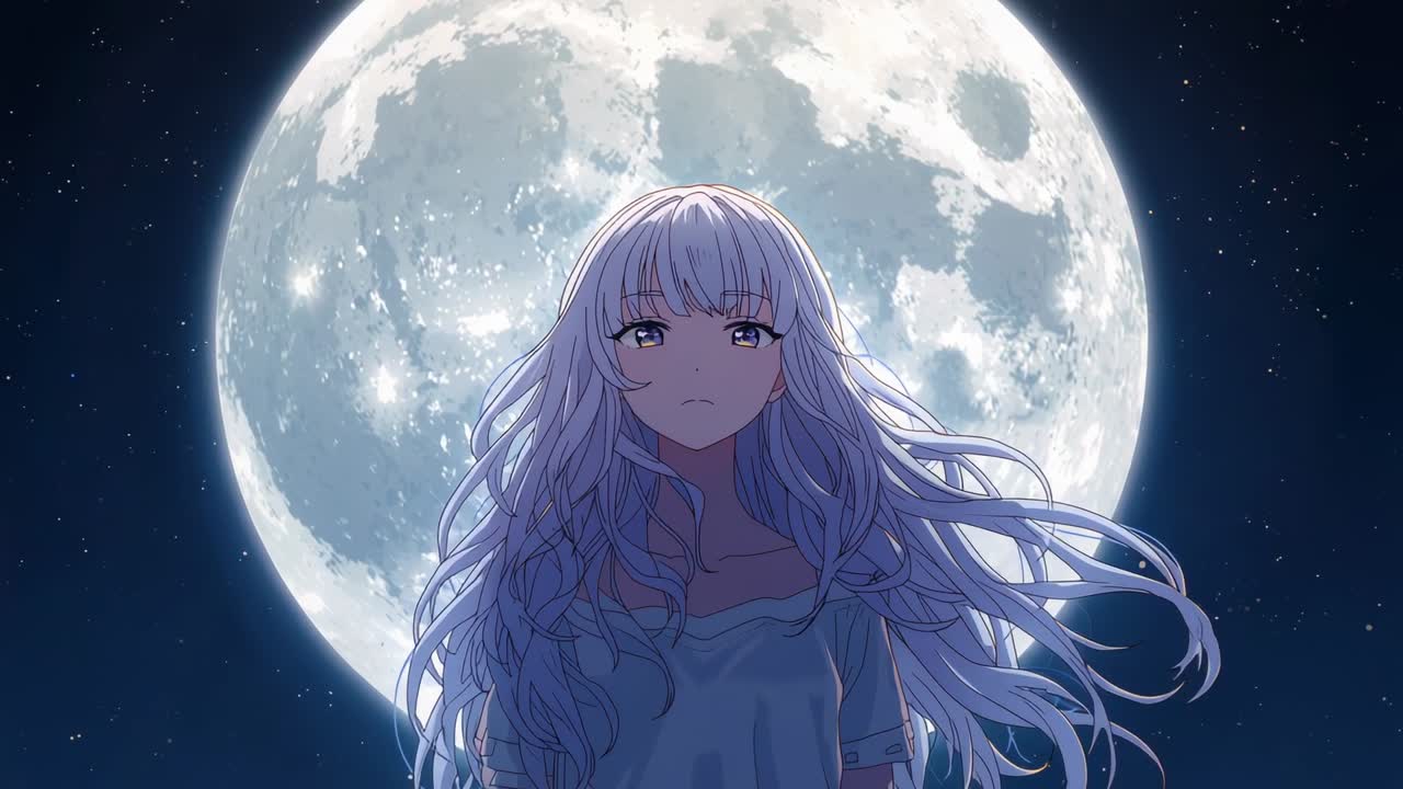 Gentle breeze stirring silver hair, Asian teen in pale T-shirt under full moon, eyes glowing gold