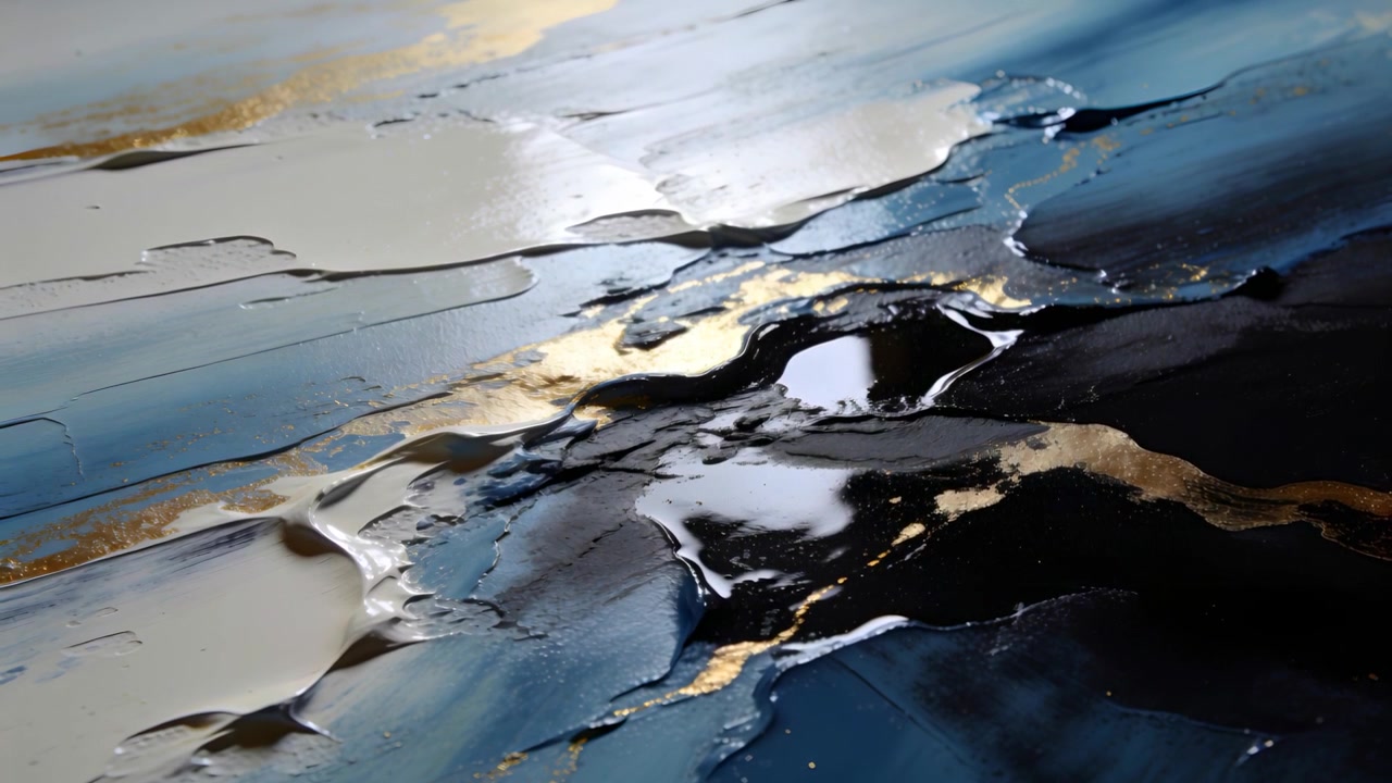 Shifting canvas with camera move, revealing palette-knife ridges and glossy gold veins in studio