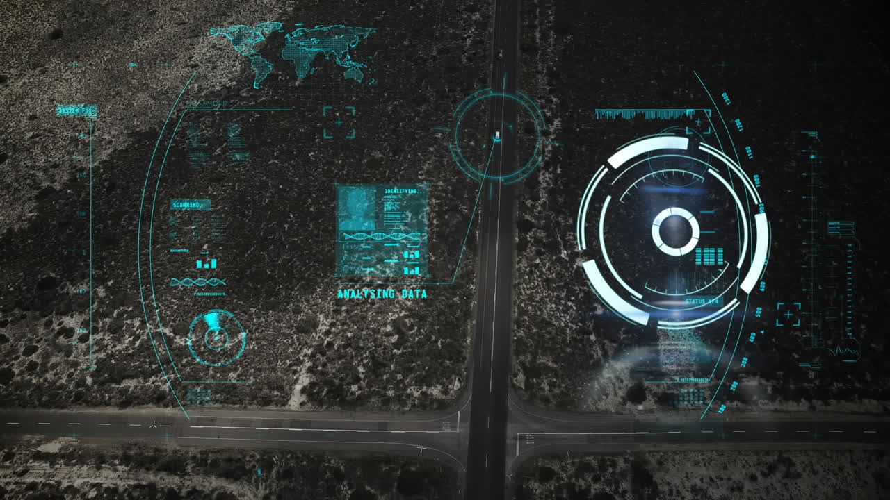 Animation of scope scanning and data processing over cityscape