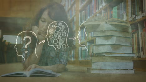 mujeres maduras leyendo en una biblioteca con dibujos animados en primer plano