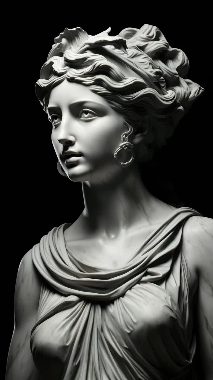 Elegant side view of a marble statue against a dark background, capturing classical beauty