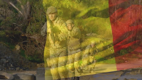 animation of flag of belgium over diverse soldiers with guns