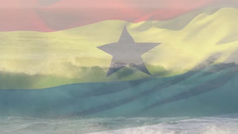 Animation-of-flag-of-ghana-waving-over-crashing-waves-in-sea