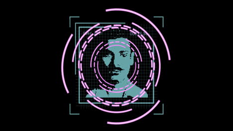 facial recognition animation with circular patterns on pixelated portrait, black background