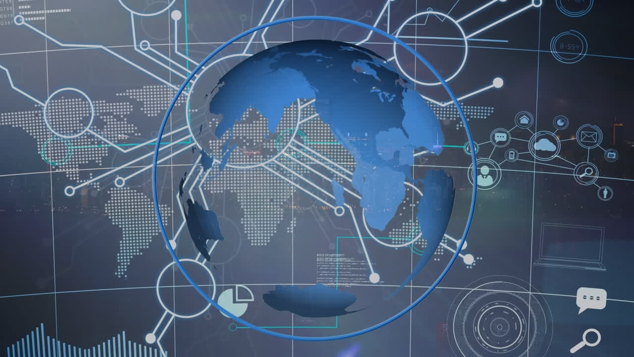 아이콘과 세계 지도 위의 지구로 연결된 네트워크의 애니메이션