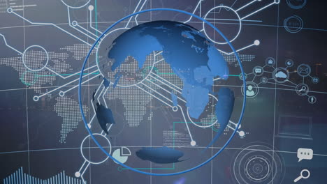 animación de la red de conexiones con iconos y globo sobre el mapa del mundo