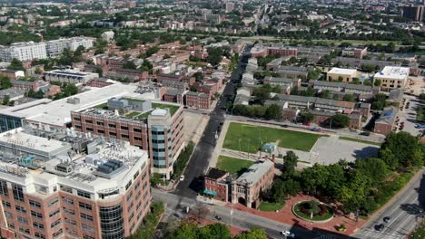 aerial drone view of campus and grounds, housing, at university of maryland in baltimore, maryland, usa, higher education and medical school theme