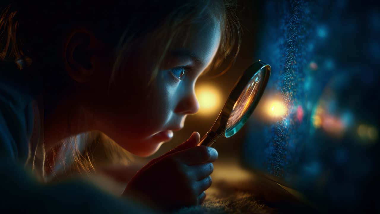 A Captivating Moment of Curiosity: A Child Intently Observes Through a Magnifying Glass, Enhancing Their Wonder and Imagination while Exploring the Mysteries of the Displayed Light