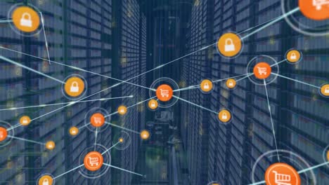 Animation-Eines-Netzwerks-Digitaler-Symbole-Und-Binärer-Codierung-Im-Computerserverraum