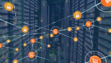 animation of network of digital icons and binary coding against computer server room