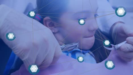 animación de redes de conexiones con iconos sobre la niña en la silla del dentista