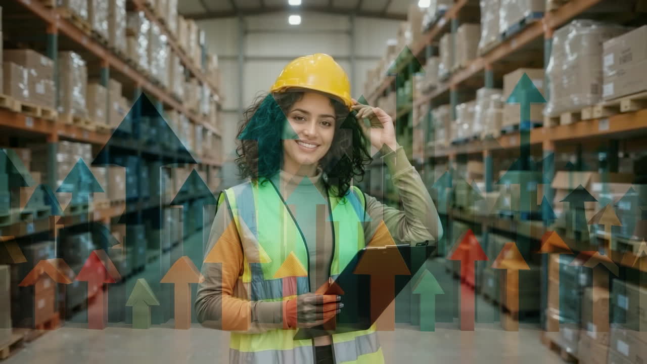 Warehouse Worker with Growth Arrows Illustrating Business Progress