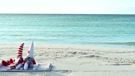 gnomo de navidad en la playa en un trineo blanco en un soleado día de invierno