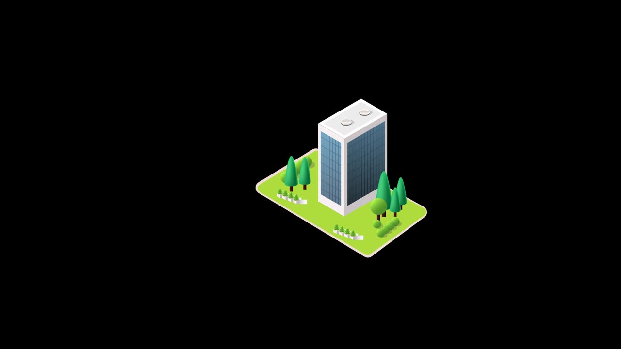Edificio moderno isometrico con animazione di giardino a comparsa con canale alfa. Infografica animata di un edificio moderno in crescita
