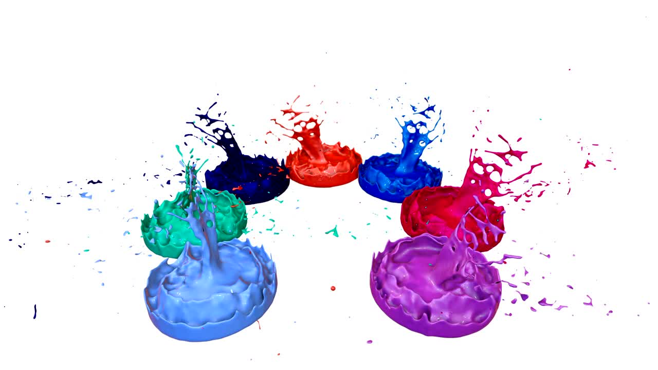 Paints dance with time slowdown on white background. Simulation of 3d splashes of ink on a musical speaker that play music. Splashes as a bright background in ultra high quality 4k. Multi colored v 3