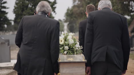 men, coffin and pallbearers walking at cemetery