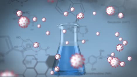 animation of covid 19 cells over chemical compound structures and flask with blue liquid