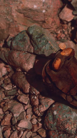 una vieja silla de cuero descansando en una pila de rocas