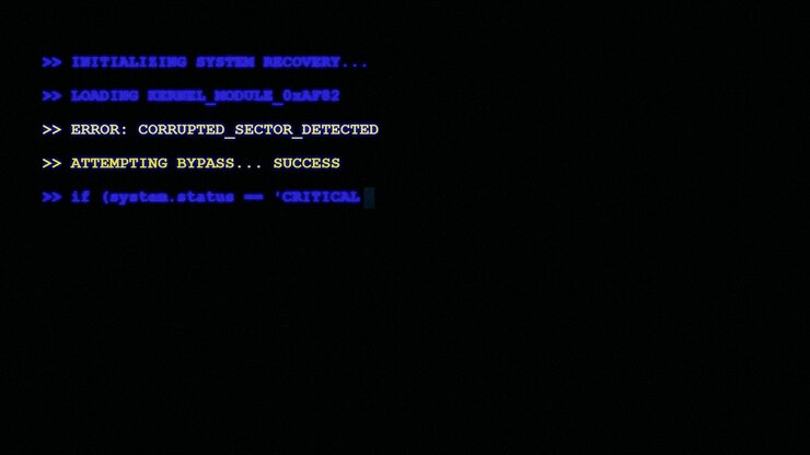 Terminale del computer che visualizza ripristino del sistema e messaggi di errore