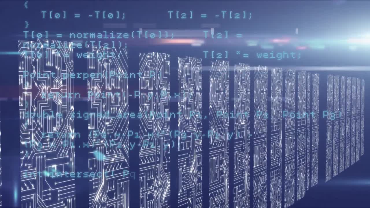 Animation of data with computer processors in background