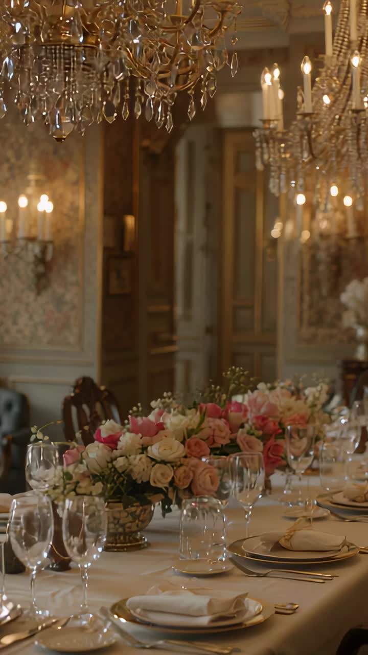 Vertical video: Camera panning long table, showing roses, settings and chandeliers in dining room